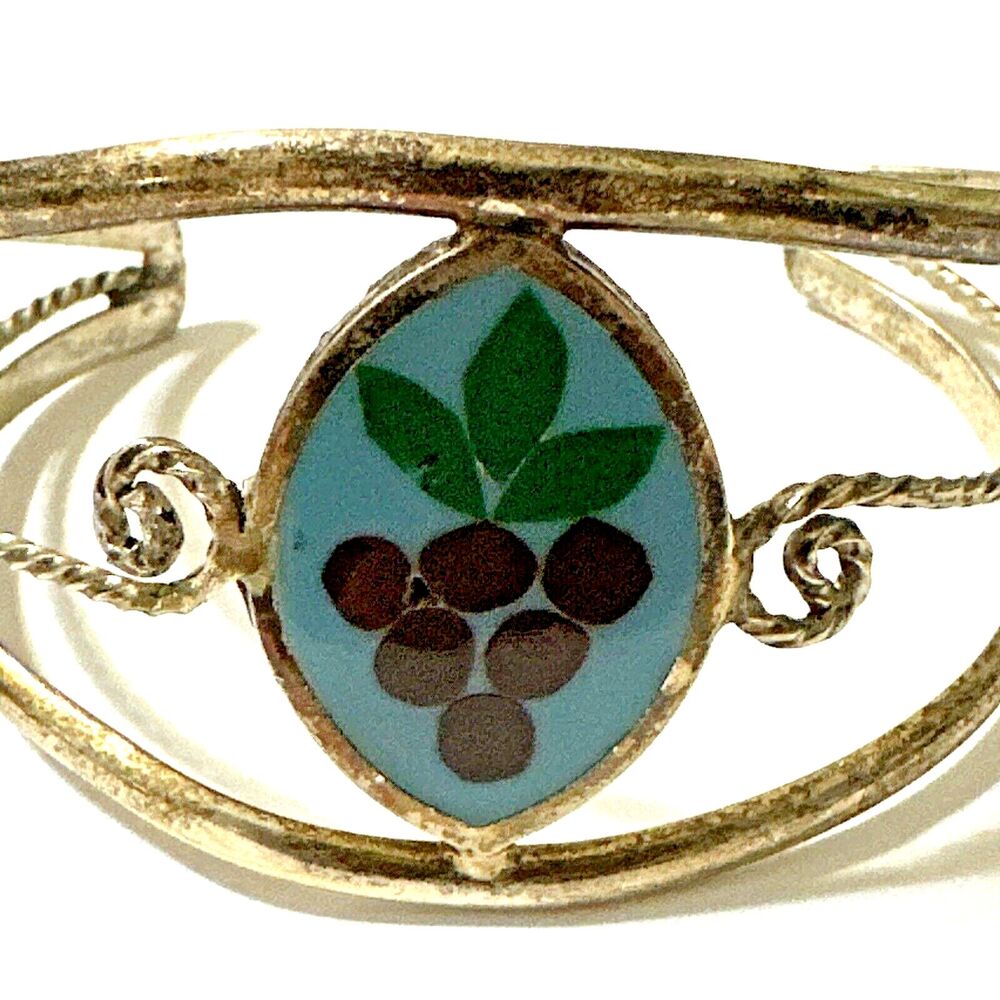 Vintage Alpaca Mexico Enamel Grape Cluster Cuff Bracelet Blue Purple Inlay